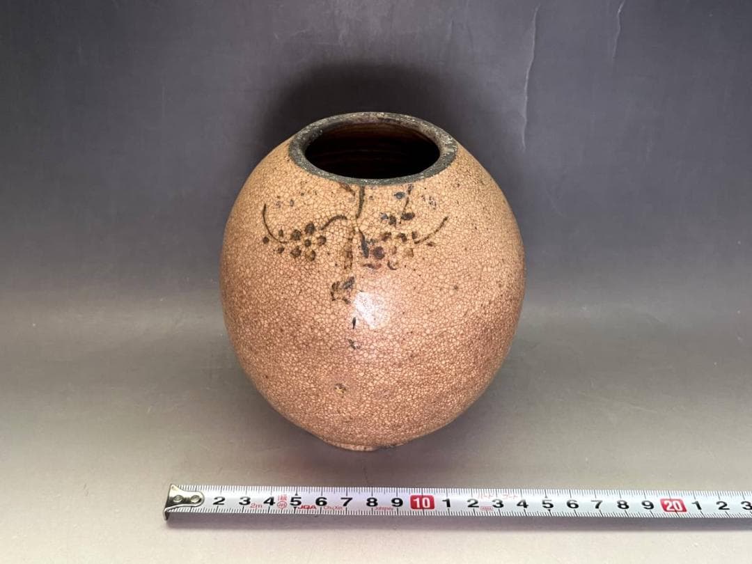 壷■古萩貫入花唐草紋丸壺（江戸期）時代物 古い花瓶 花器 古美術 骨董品■