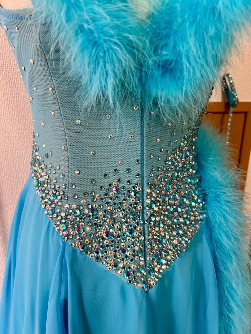 競技会 社交ダンス 水色フェザー スタンダードドレス ダンス