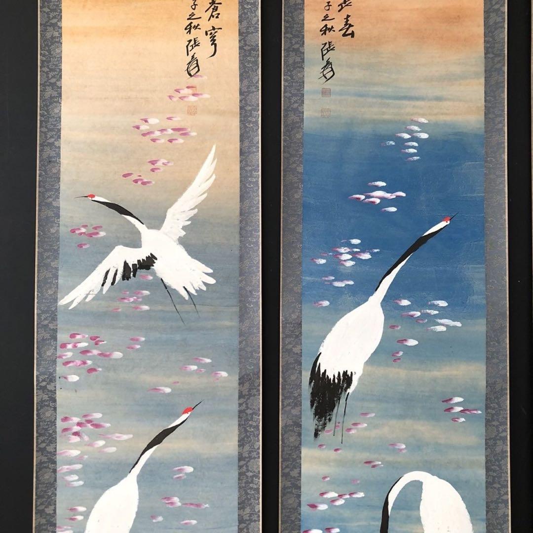 中国 花鳥画 掛け軸 四条屏 鶴 手描き 水墨画 中国美術 インテリア
