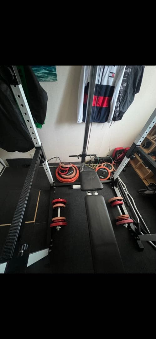 【郵送不可】ラットプル付きパワーラックとベンチとウエイトプレート