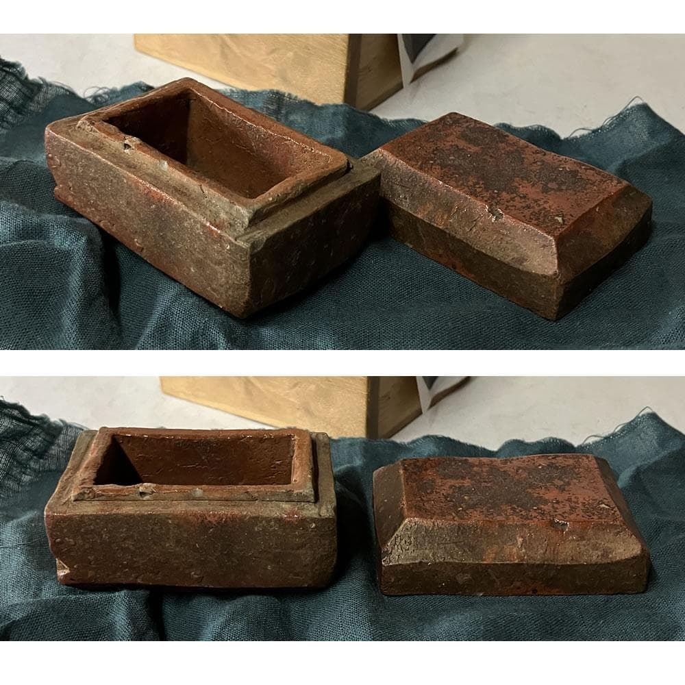 p036 古備前 香合 刻印 木箱入り 時代 茶道具