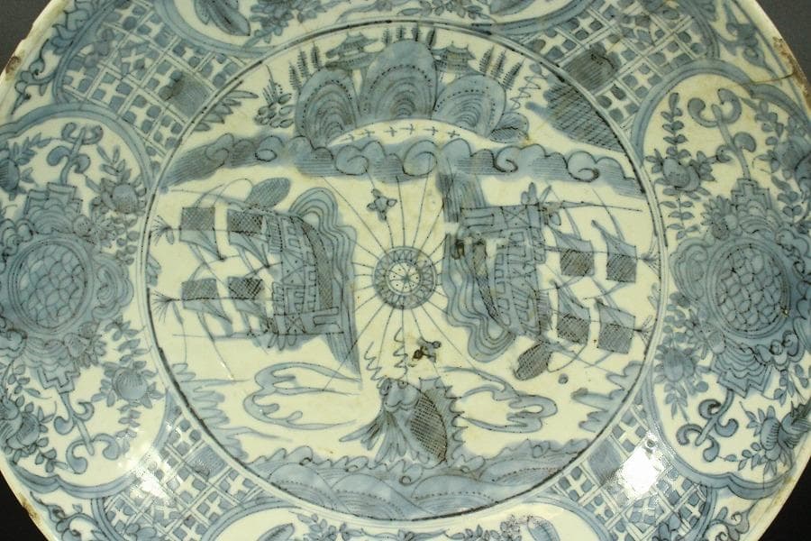 中国美術 青花 呉須 古染付 帆船図 大皿 φ47cm 明 貿易船(LC647)