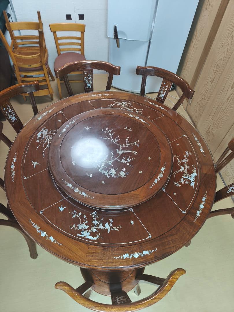 【高級】円卓/ダイニングセット6人用［引取り限定/回転テーブル・ガラス天板付き】