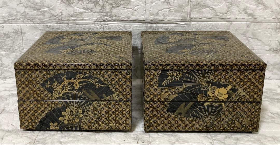 【未使用】輪島屋造 沈金師 水尻清甫 刻「輪島塗 四段重 台付」 共箱