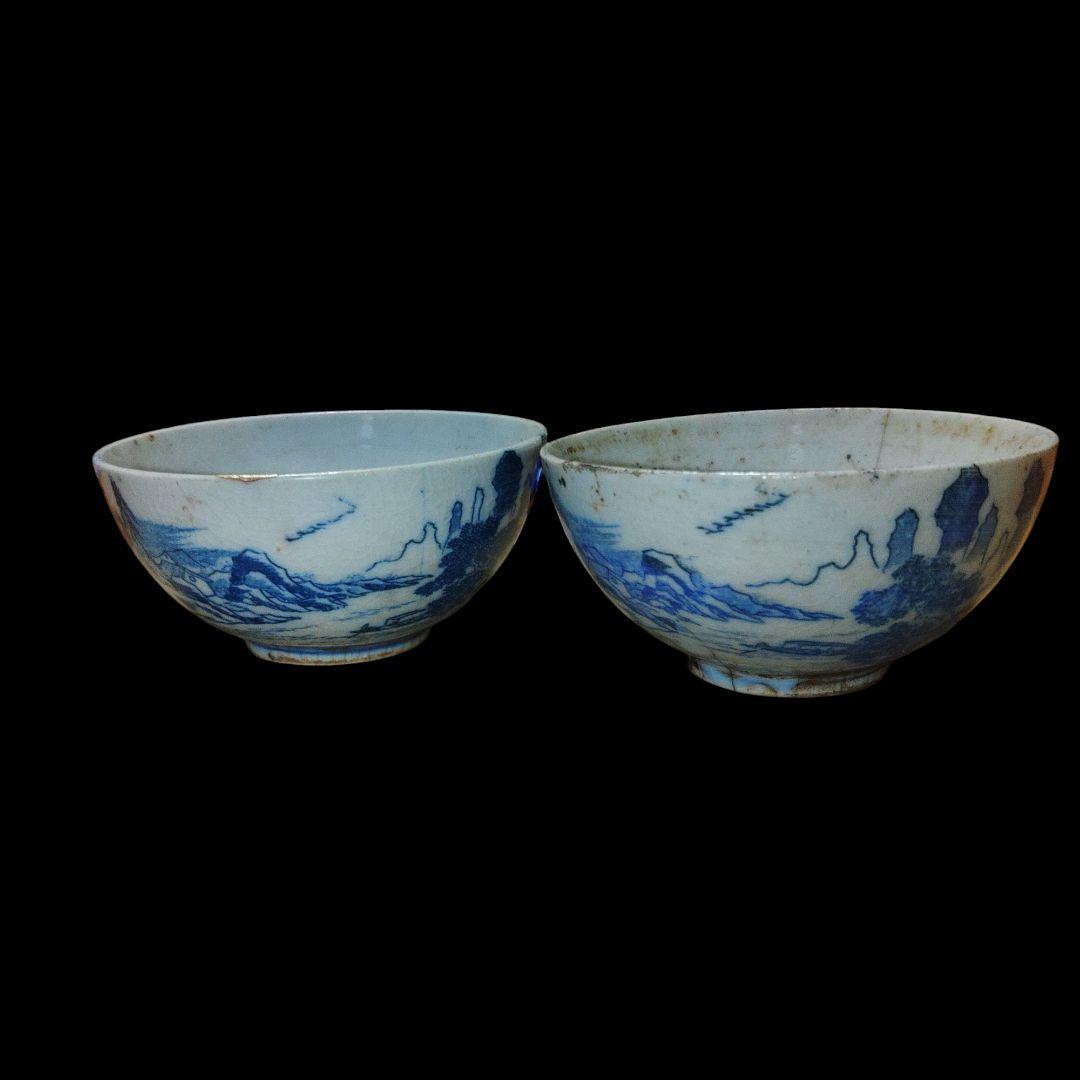 清代　山水楼閣文煎茶茶碗　金継ぎ