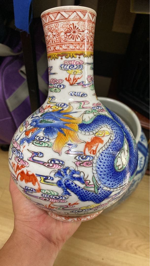 清朝　中國古美術　球形急須と多色瓶骨董品