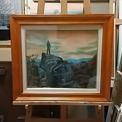 絵画、アクリル画、F8号、妙義山の岩山に立つ男　佐原聖春