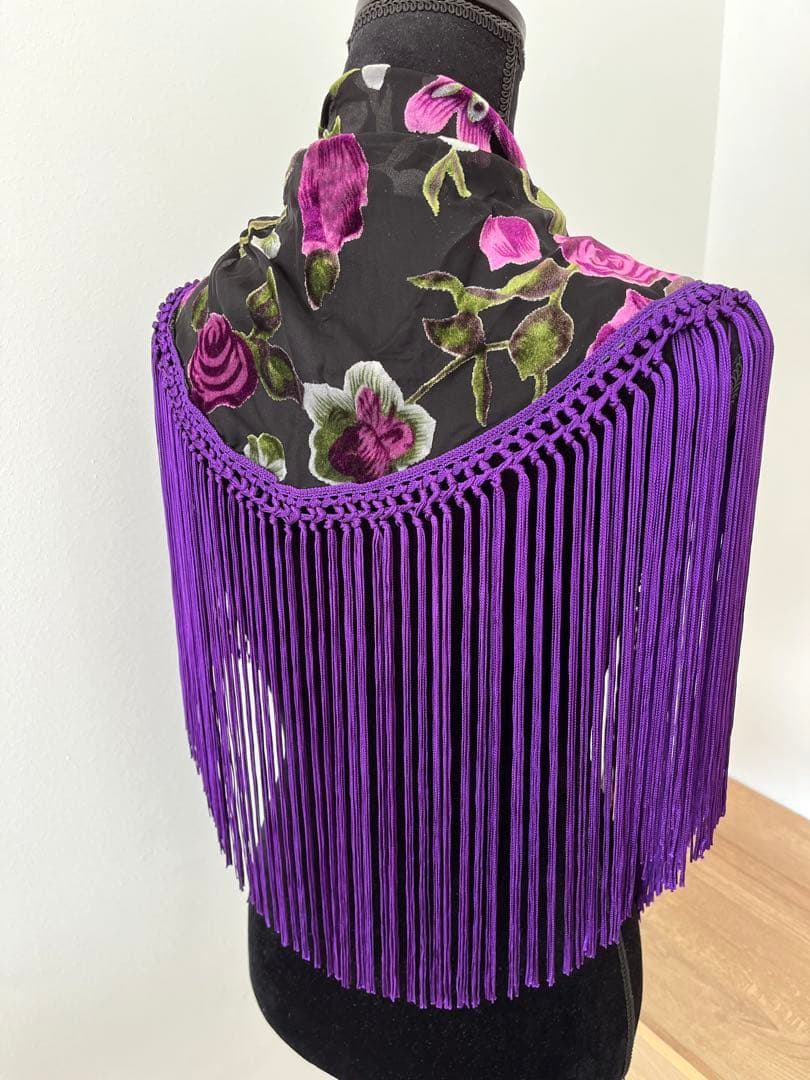 【アウトレット】フラメンコ　マントンシージョ　黒地xパープル花柄　パープルフレコ