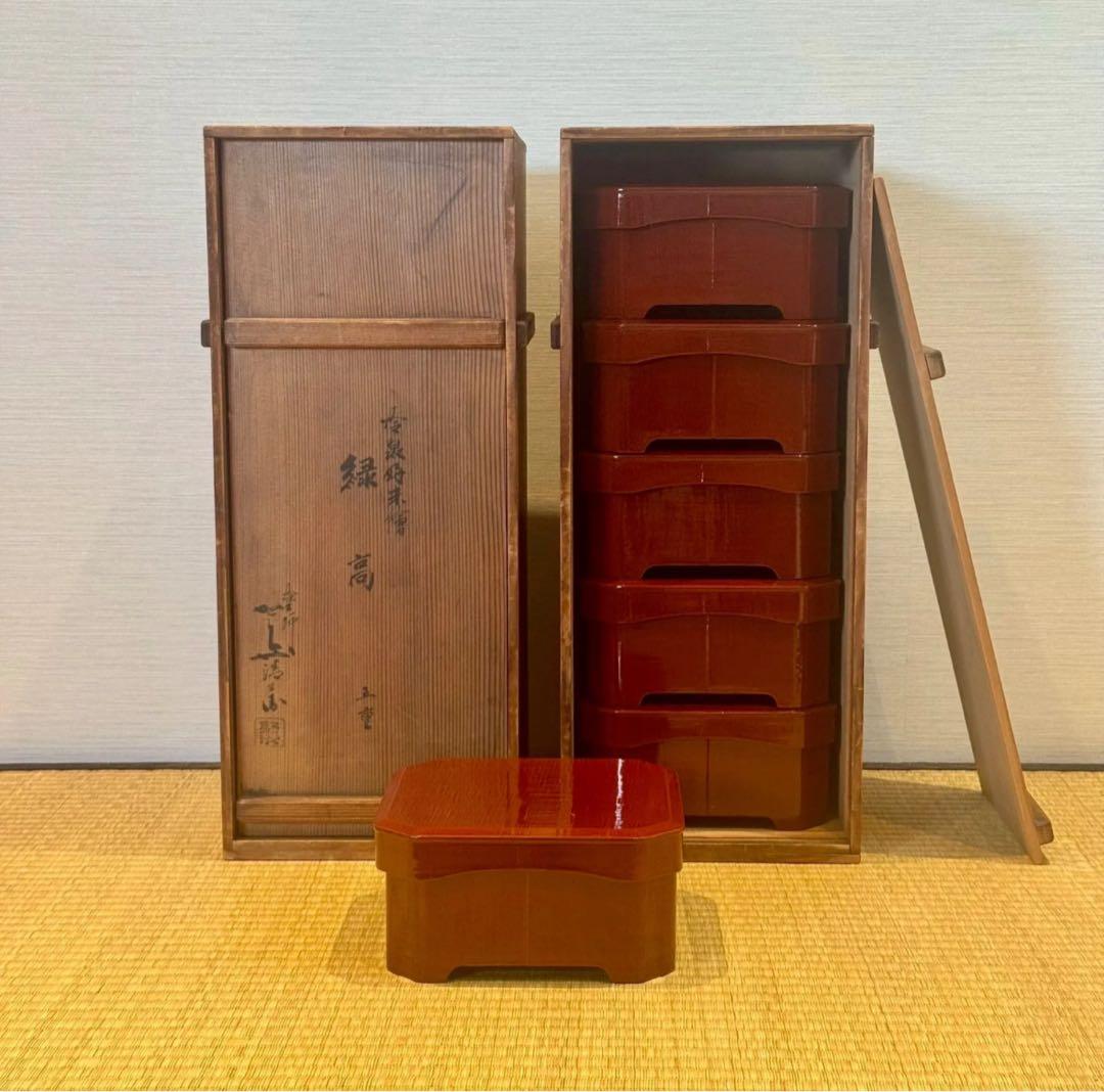 塗師 堅地屋清兵衛 作 冷泉好朱絵 縁高5重 2組 計10点 茶懐石道具 弁当箱