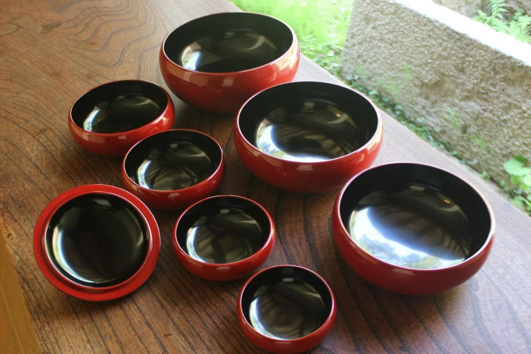 デッドストック！極上塗分け漆の美しい応量器＆蓋揃いセット（検輪島塗器七つ椀懐石椀