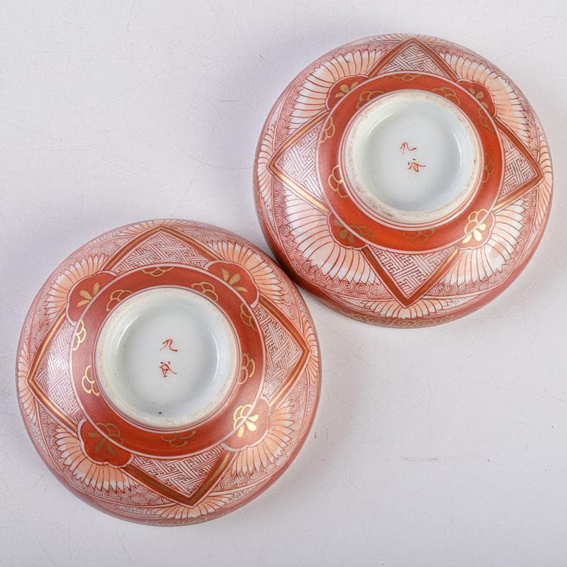 九谷焼　古九谷　赤絵金彩　鳳凰文　盃　一對　時代箱付　D　R8979