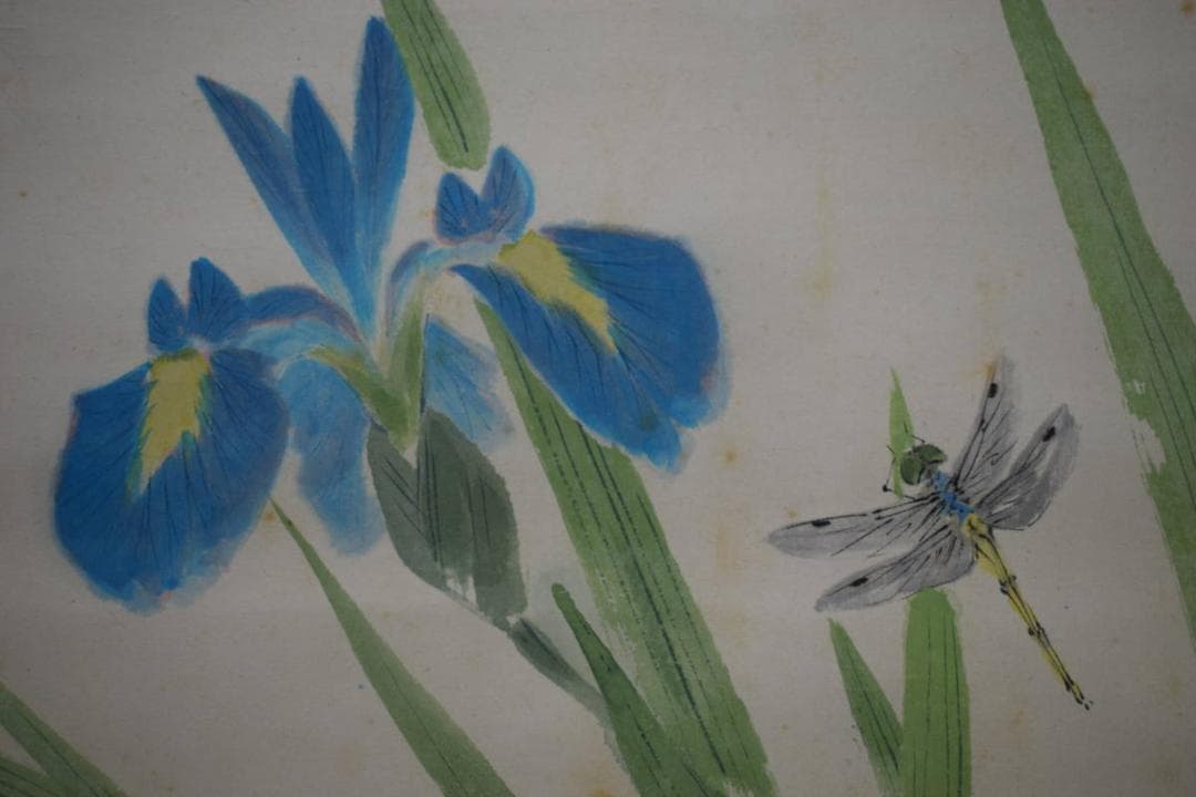 真作/赤松雲嶺/菖蒲に蜻蛉図/トンボ図/桐共箱二重箱付/布袋屋掛軸HG-433