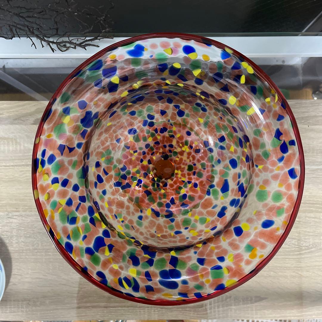 骨董　時代ガラス　希少　金赤吹雪紋　フリル 脚付　大型　コンポート　盃洗