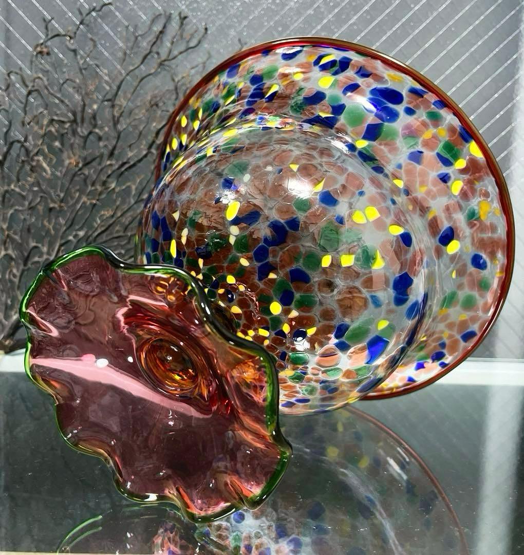 骨董　時代ガラス　希少　金赤吹雪紋　フリル 脚付　大型　コンポート　盃洗