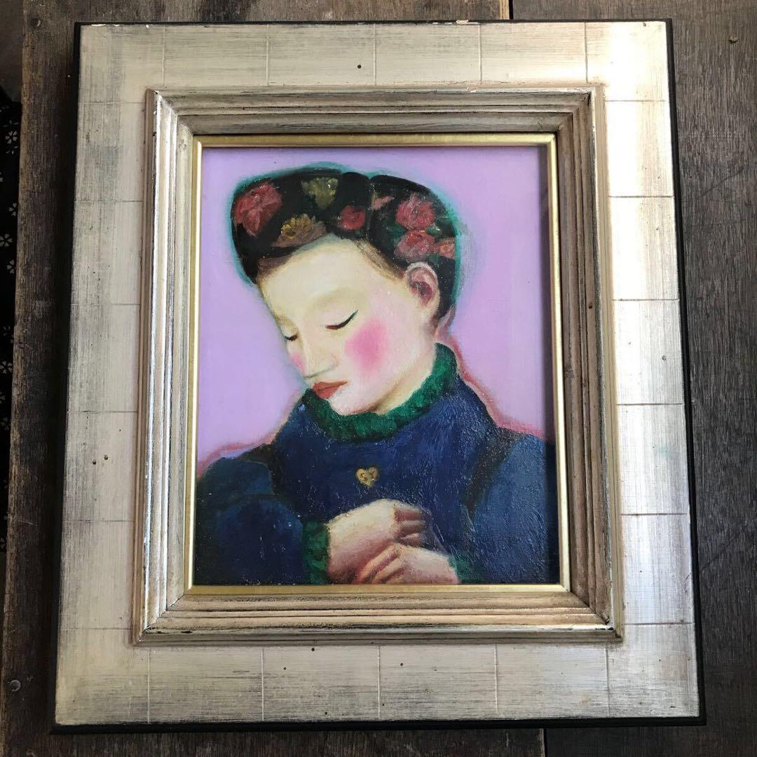 s*i様 真作保証 山田修市 「仕草」 原画 オリジナル F3号 油彩画 ガラス