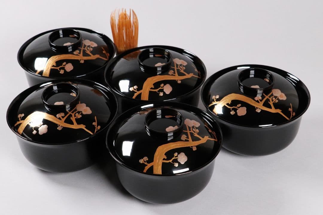 木製漆器 梅蒔絵 黒塗 椀 五客 漆芸 茶懐石 会席道具【MA287】