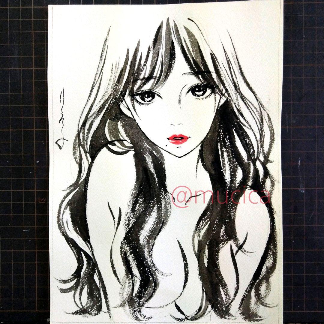 25824E 肉筆原画　手描きイラスト　絵画　アナログ　水彩画　美人画