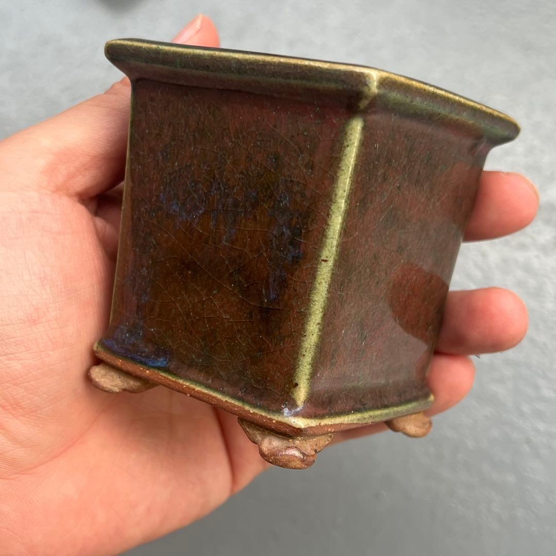 691.平安虹泉 辰砂釉雲足正方 盆栽鉢 植木鉢 6.5*6.5*7.6cm