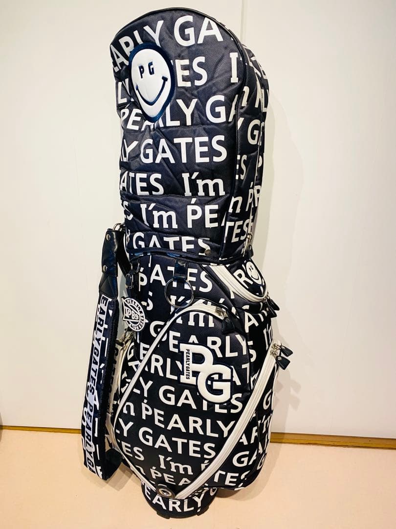 【希少】パーリーゲイツ　キャディバッグ＆ヘッドカバー5点セット　総柄ロゴ　紺×白