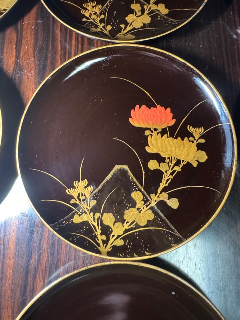 漆塗り絵皿 富士山風景入り 19枚セット（推定 江戸時代初期）