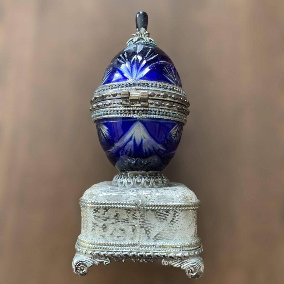 アンティーク⭐️コバルトブルー切子ガラス⭐️オルゴール付きリングケース⭐️蔵保管