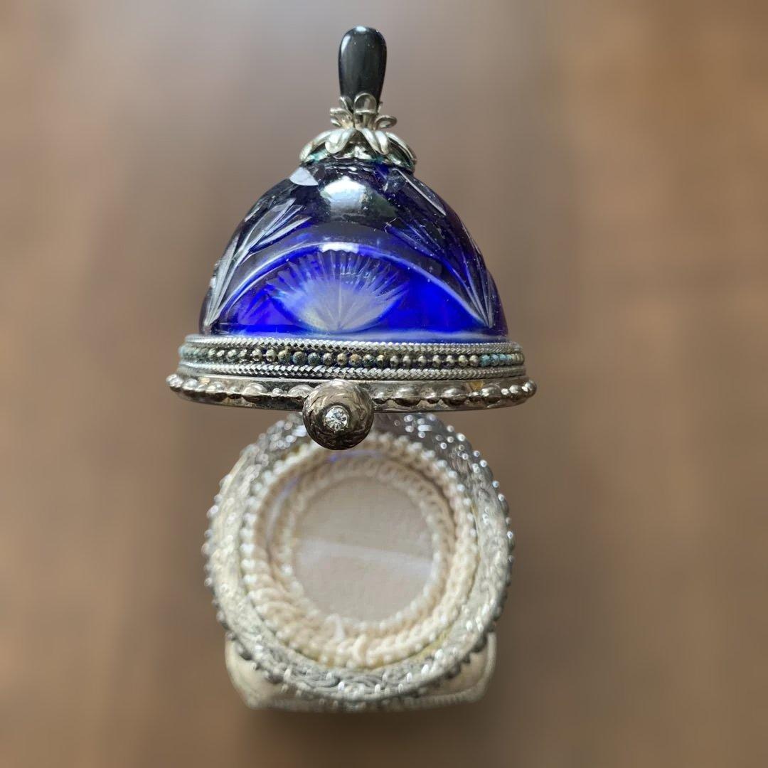 アンティーク⭐️コバルトブルー切子ガラス⭐️オルゴール付きリングケース⭐️蔵保管