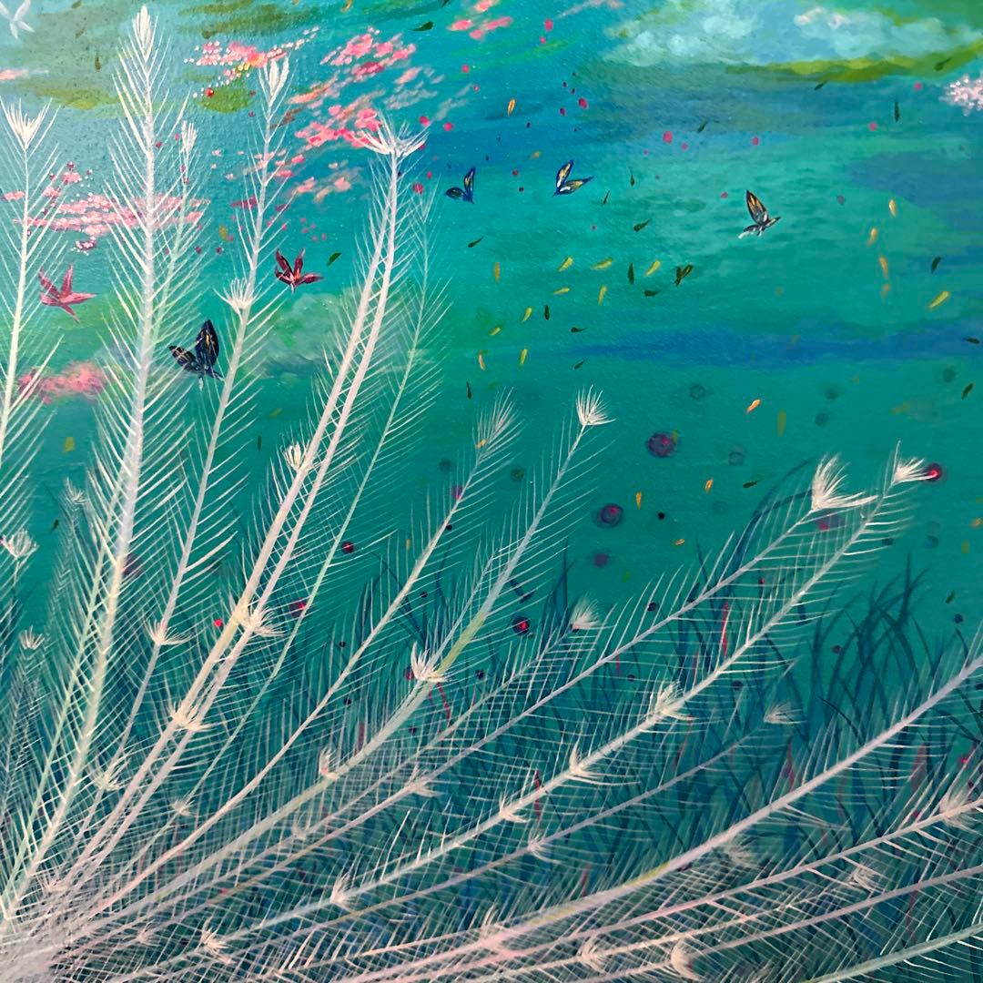 絵画　『色うつる空』 アクリル画家　白孔雀　縁起物