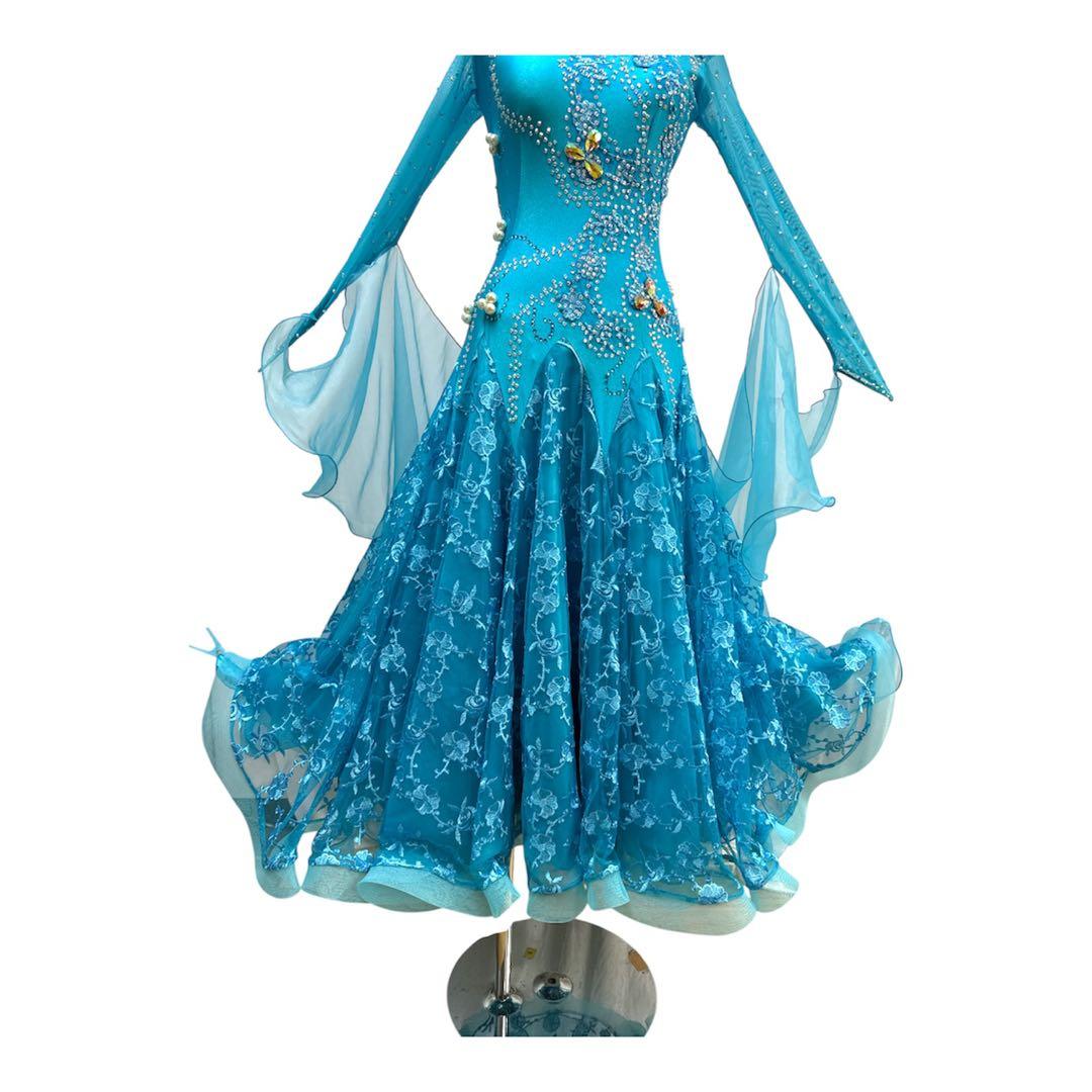 6316★M 水色 花柄レース スタンダードドレス 社交ダンス