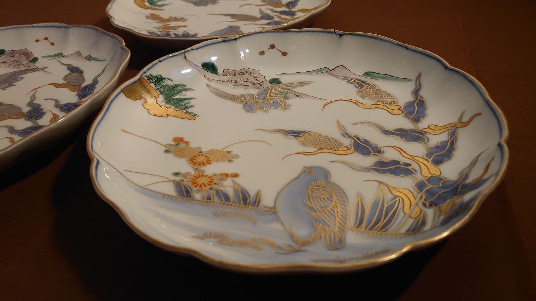 古伊万里　伊万里　大聖寺伊万里　大皿　金襴手　鳥の図　江戸期　3客