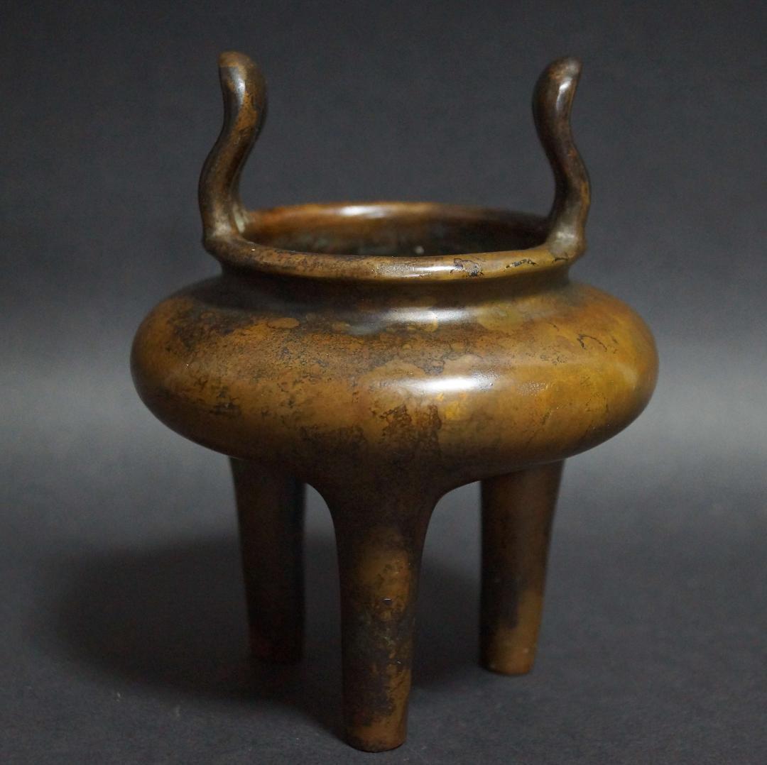 清 名古斎 款 古銅製琴炉 双耳鼎足 香炉 銅爐 茶道具/ 香道具 古美術時代物