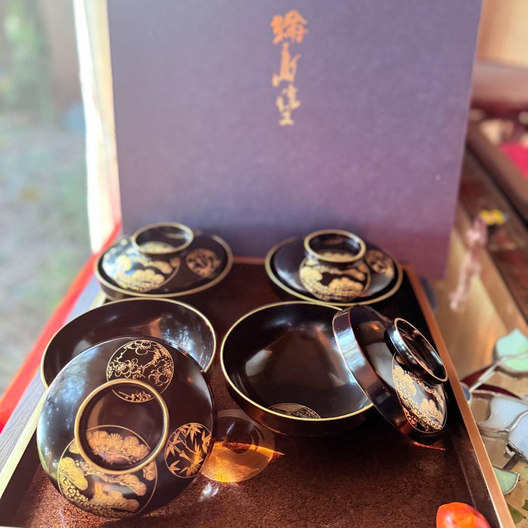2115様感謝‼️ スーパームーン記念JAPAN輪島丸紋沈金松竹梅&鶴亀　黒椀4客