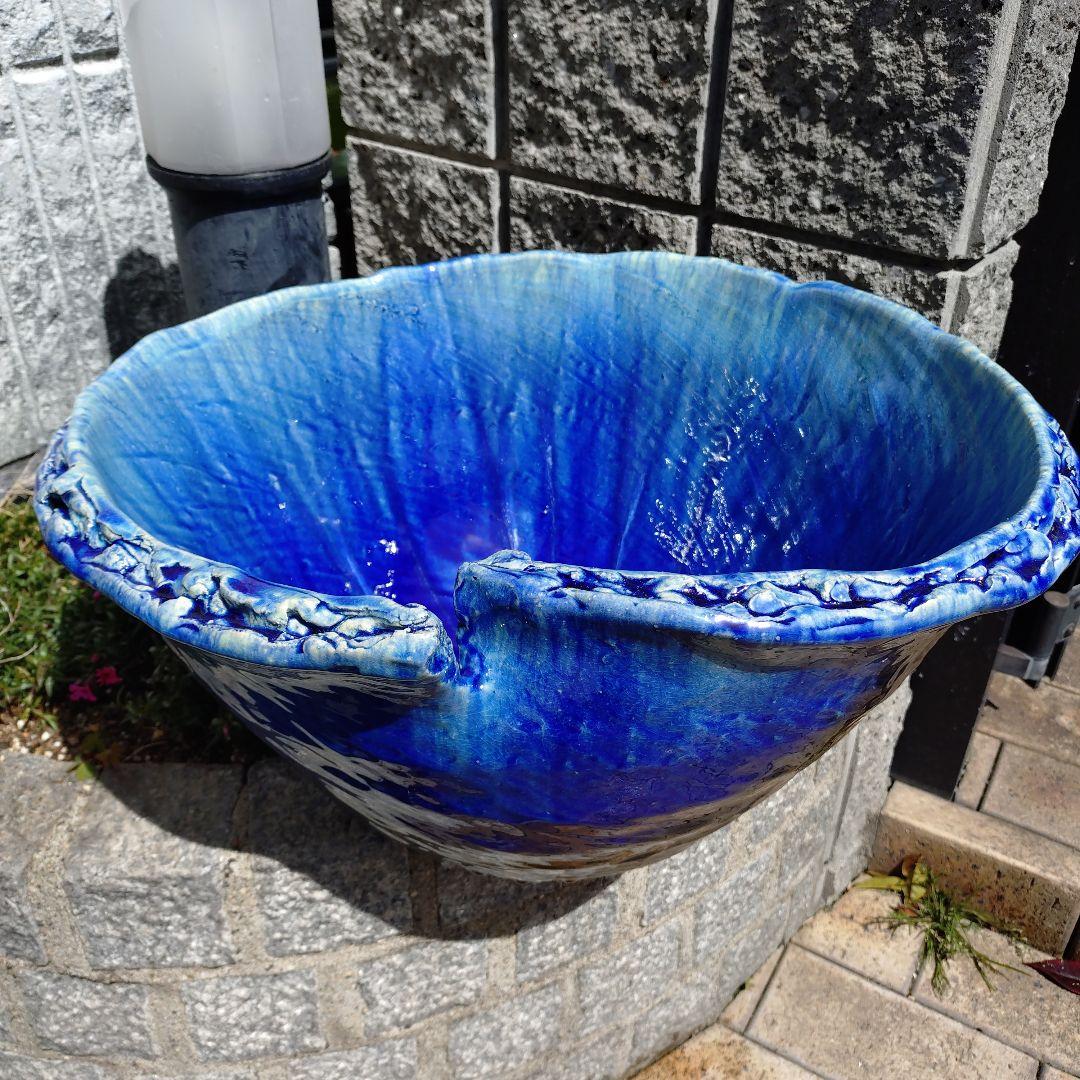 信楽焼手作り　ブルーガラスめだか鉢金魚鉢　直径53㌢