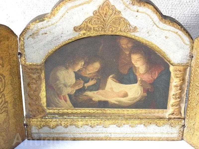 イタリア ヴィンテージ『観幼子イエスと聖母マリア』カルロ・ドルチ３枚続きの祭壇画