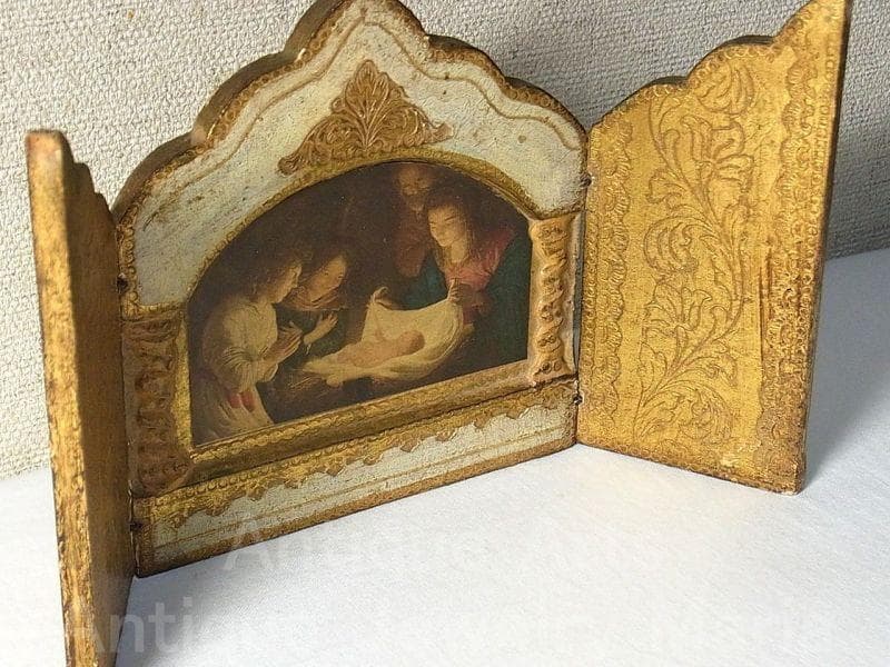 イタリア ヴィンテージ『観幼子イエスと聖母マリア』カルロ・ドルチ３枚続きの祭壇画