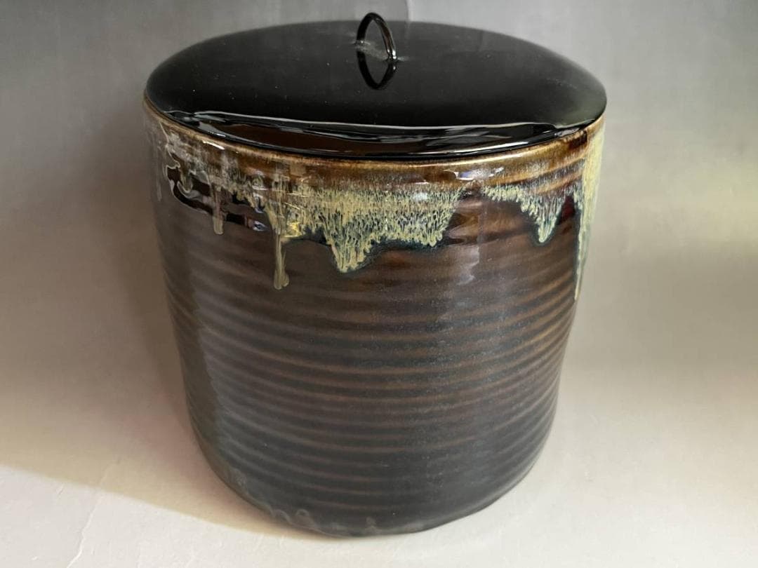 水指■高取焼 八仙窯 漆器蓋 涙紺 遠州七窯 塗蓋 直し有 飴釉 時代物 骨董■