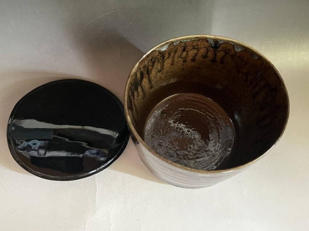 水指■高取焼 八仙窯 漆器蓋 涙紺 遠州七窯 塗蓋 直し有 飴釉 時代物 骨董■