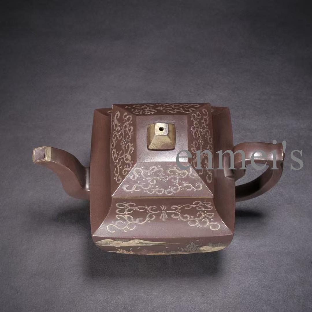 中国古美術・紫砂四方壺・原鉱紫泥・底款杨季初・急須・茶壺・山水風景と書紋・茶道具