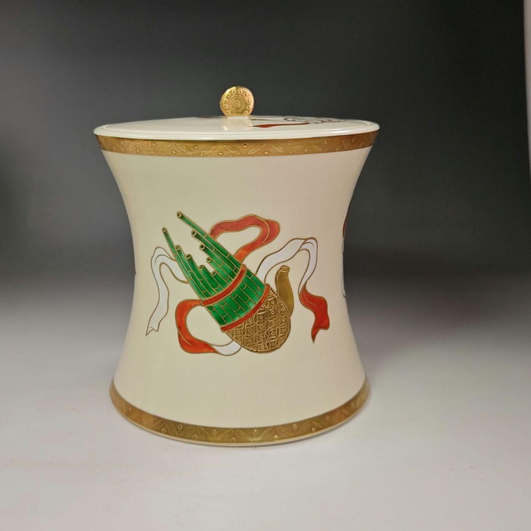 イ696 水指『平安　山岡善昇造』『色絵鼓形楽器尽くし　水指　共箱』茶道具