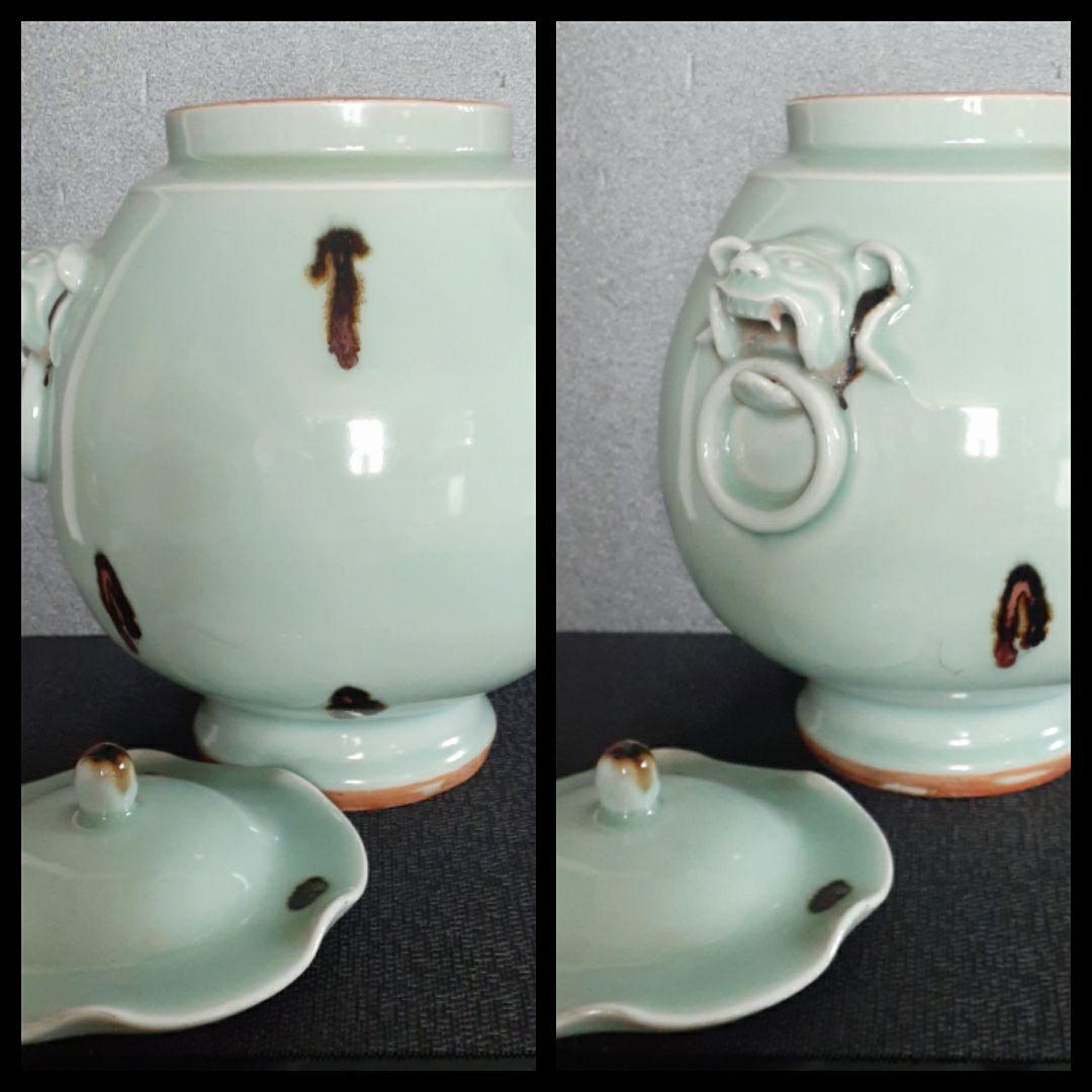 中国古美術　中国古陶磁器　古玩　中華民国期頃【飛び青磁】蓋付　水指　蓋物　酒会壺