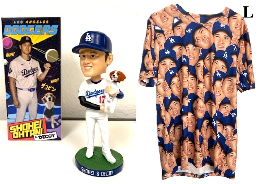 大谷翔平 ドジャース バブルヘッド人形 デコピン フェイスTシャツ:L セット