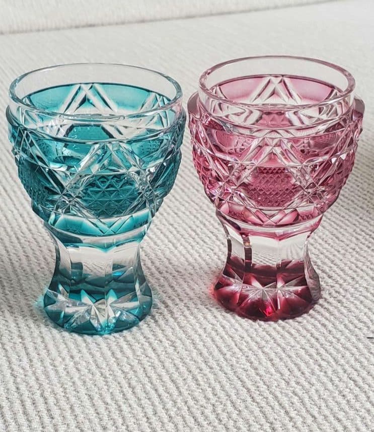 【美色＊美品】薩摩切子の馬上杯　ギヤマン　ビードロ　ガラス細工　酒器　盃　赤　青