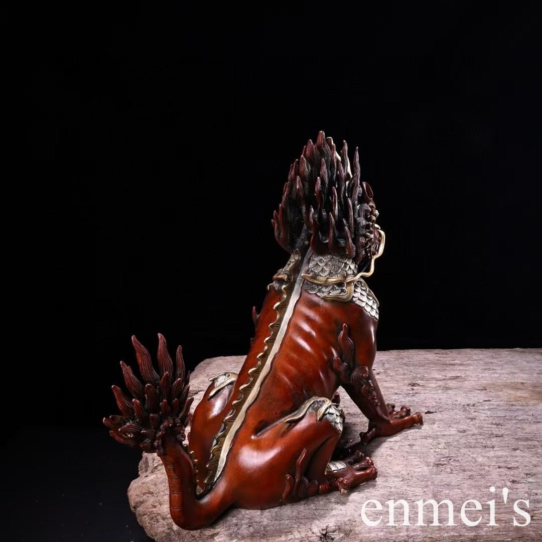 中国古美術・旧蔵鎏金鎏银の麒麟置物・瑞獣・純銅制・高浮彫・案頭・文房・禮品・風水