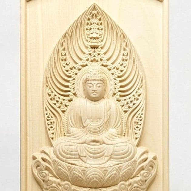 【フォロー割・新品】 釈迦座像　柘植　総高さ約25.8㎝　スタンドレリーフ