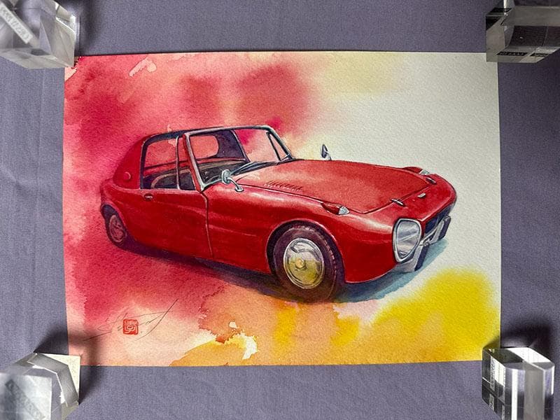 水彩アート「トヨタスポーツ８００」1点物、手描き、真筆。