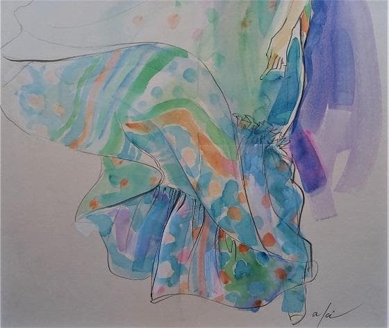 Akiサイン　「ファッション」　鉛筆デッサンに水彩画　　真作