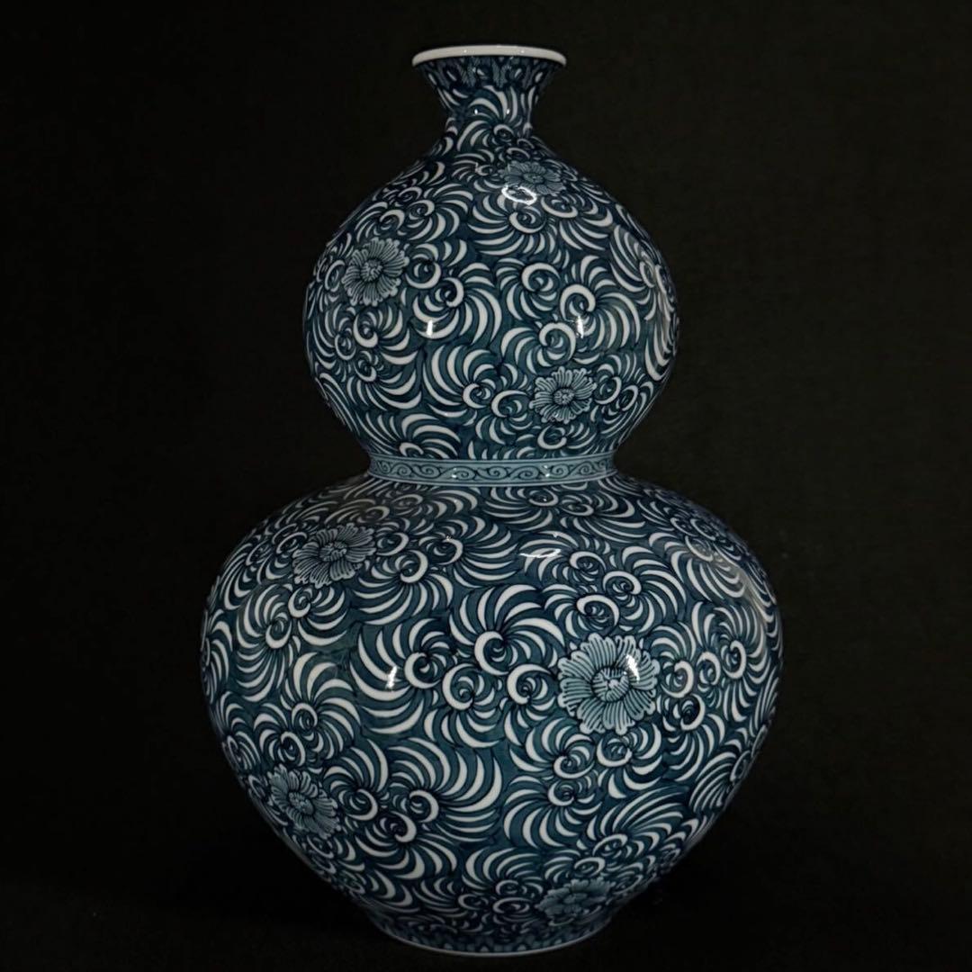 【真作】蔵出し 藤井勝雲 染付細密蛸唐草牡丹 瓢型大飾壷 35cm 有田焼 瑞祥