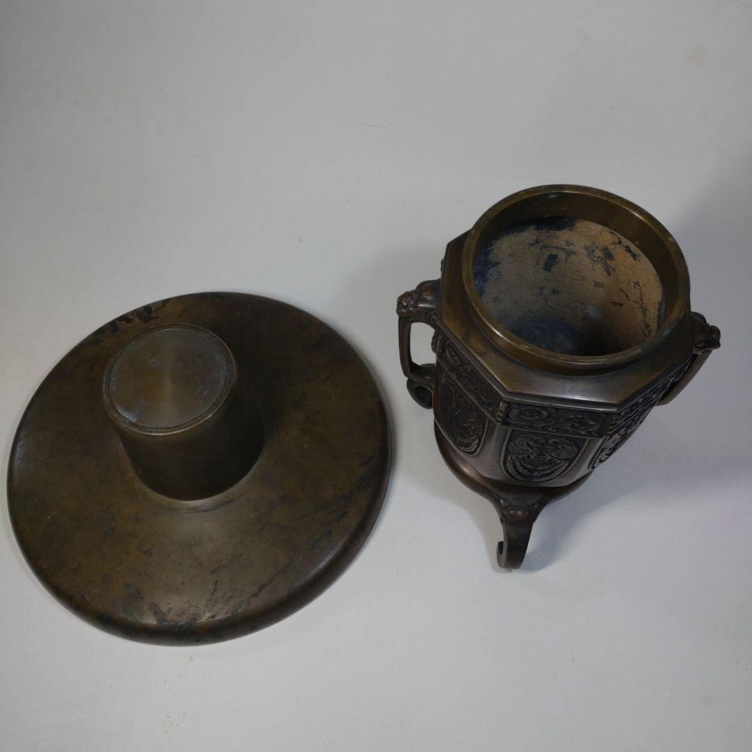 黄銅製　龍鳳凰図 双獣耳 獣足 薄端