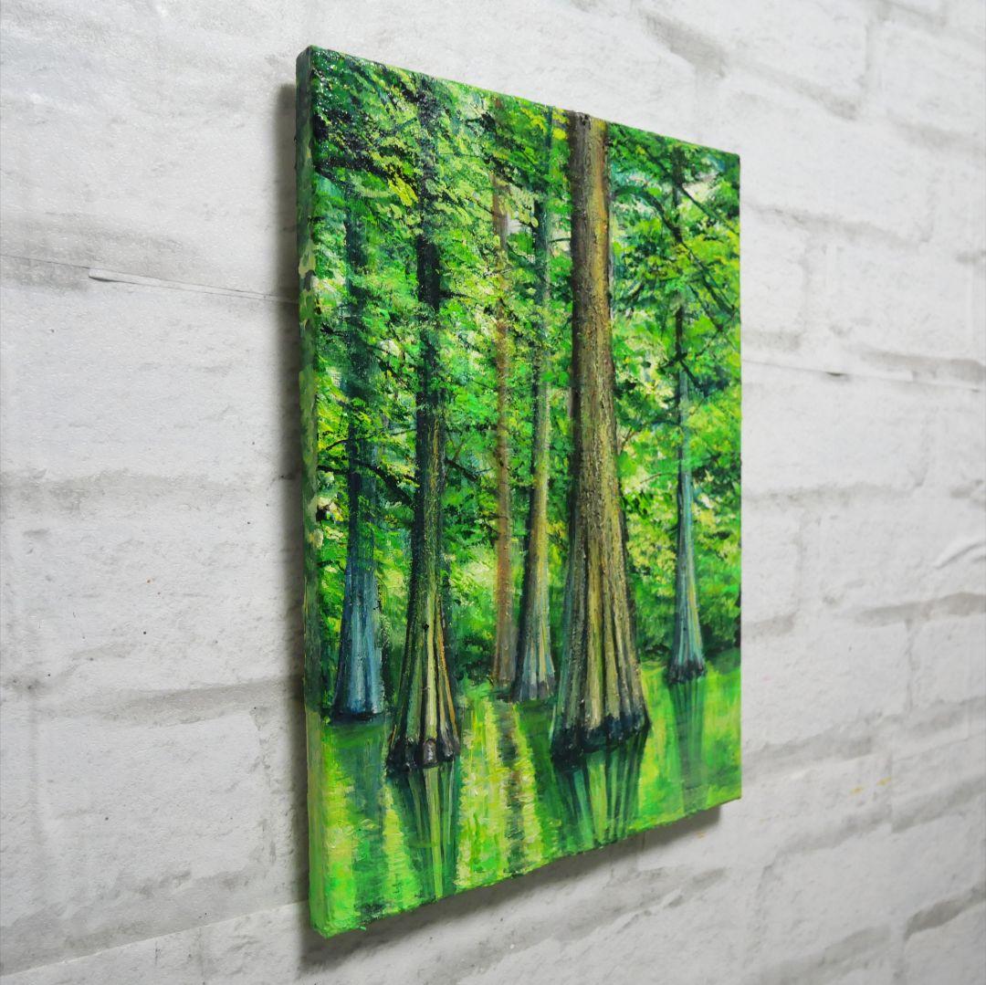 油絵 油彩 油彩画 絵 絵画 絵【水面に映るラクウショウの森﻿】