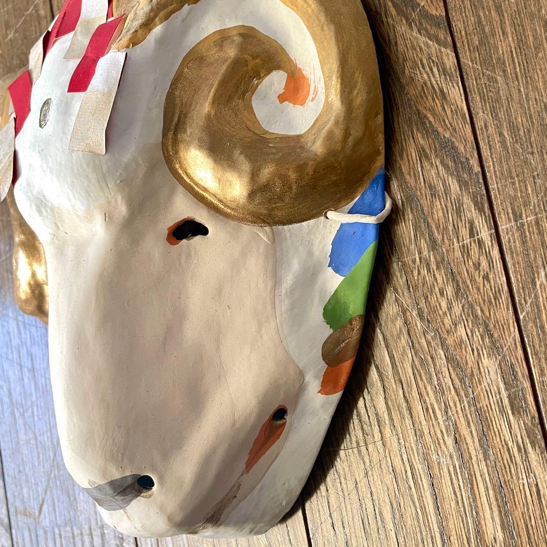 厄除嵯峨面 未 羊 お面 骨董 干支 京都嵯峨 厄除魔除面 縁起物 藤原孚石作