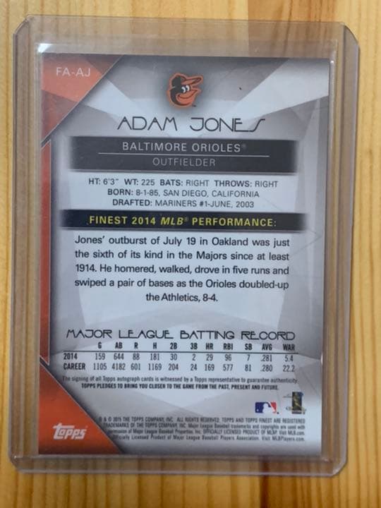 5枚限定 topps finest 2014 adam jones 直筆サイン
